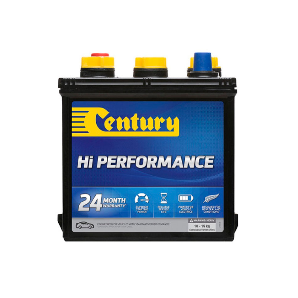 Century Battery Automotive FLA 6V 270CCA-03C. Front view of black battery with yellow Century logo on blue label on front.