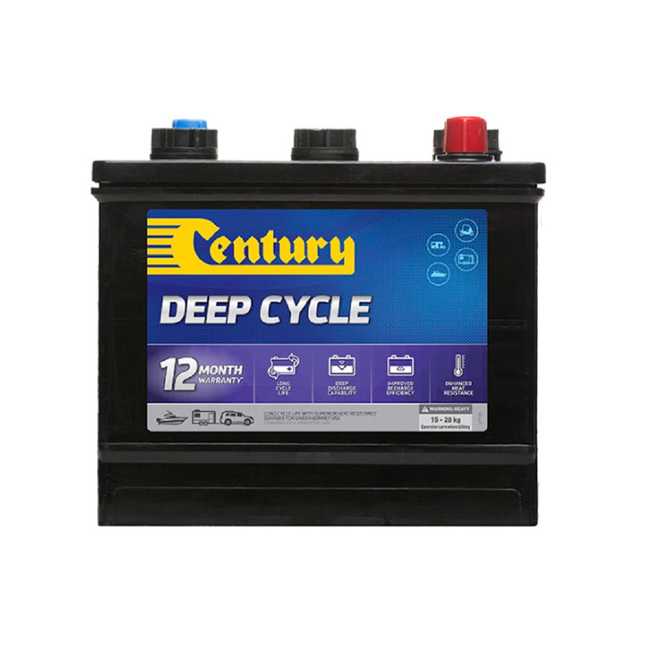 Century Battery Deep cycle FLA 6V 105AH-12A. Front view of black battery with yellow Century logo on blue and purple label on front.