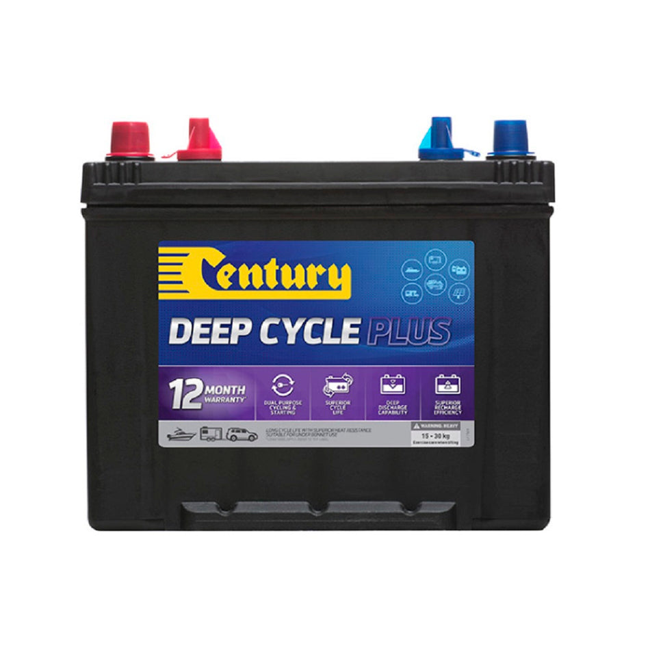 Century Battery Deep Cycle CAL 12V 82AH 600CCA-24DCMF. Front view of black battery with yellow Century logo on blue and purple label on front.