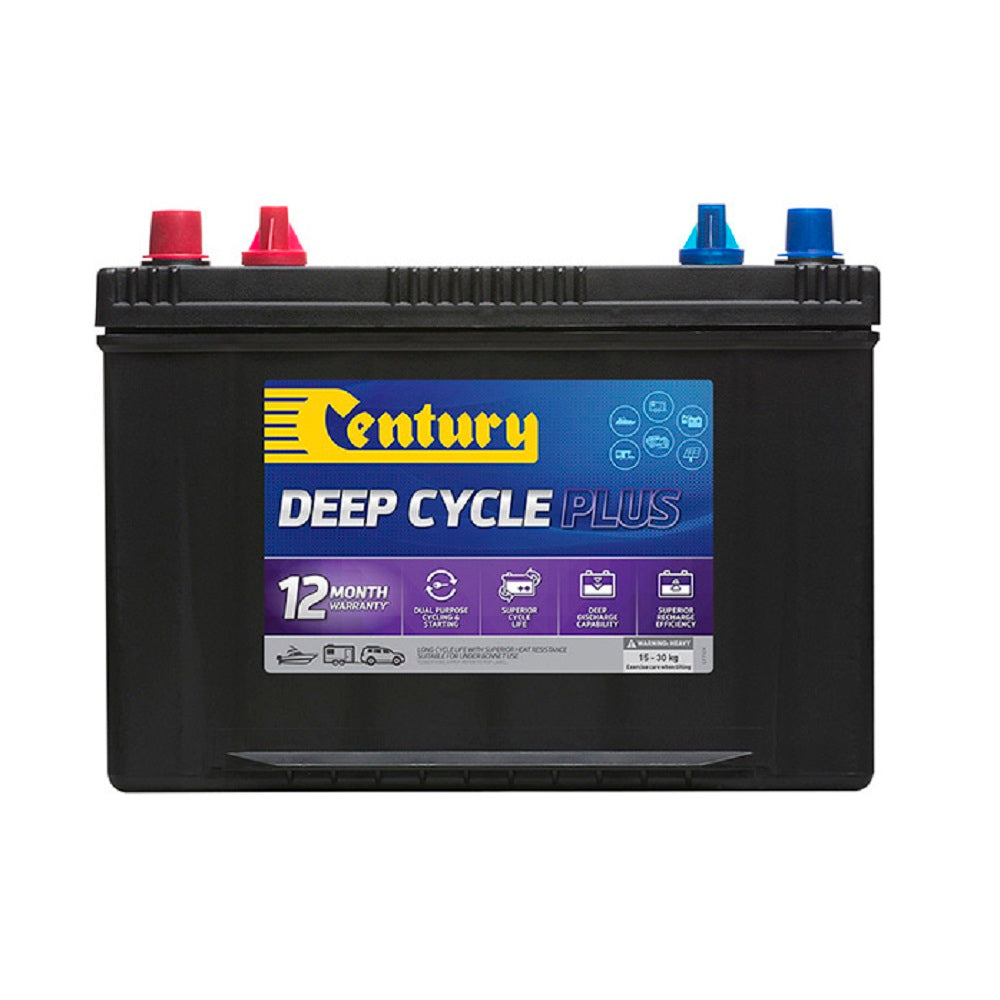 Century Battery Deep Cycle CAL 12V 96AH 680CC-27DCMF. Front view of black battery with yellow Century logo on blue and purple label on front.