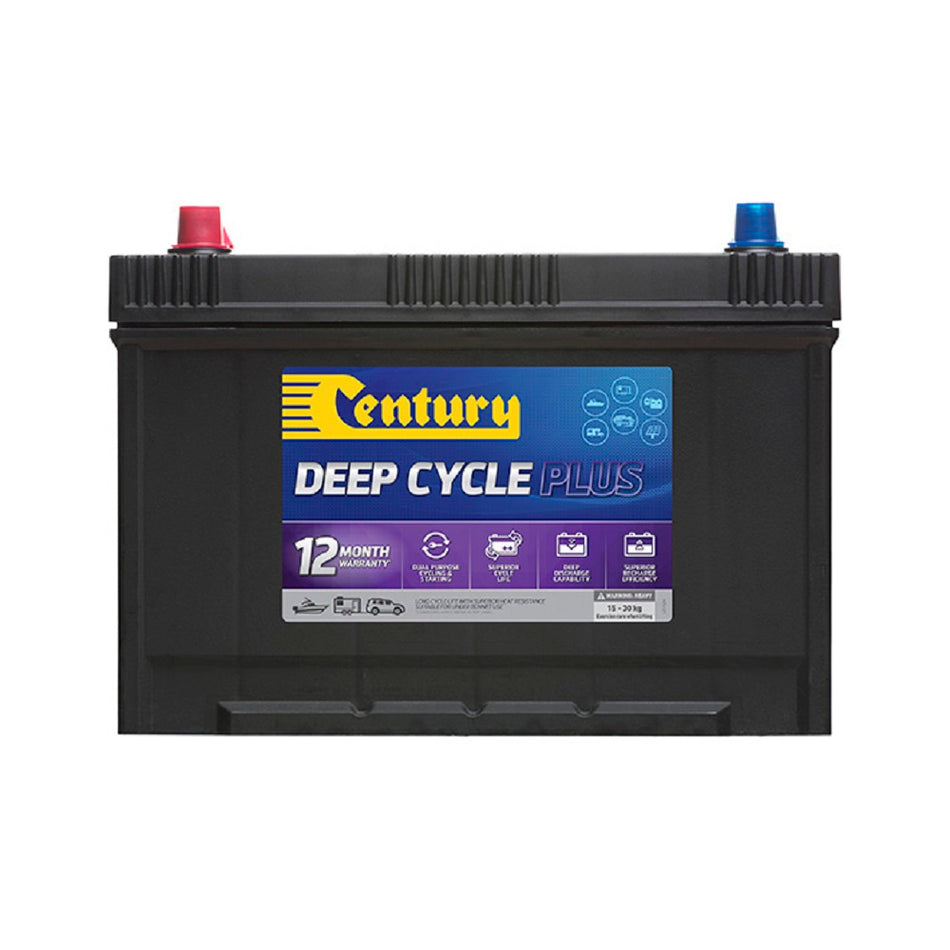 Century Battery Deep Cycle CAL 12V 680CCA 110AH-31DCMF. Front view of black battery with yellow Century logo on blue and purple label on front.