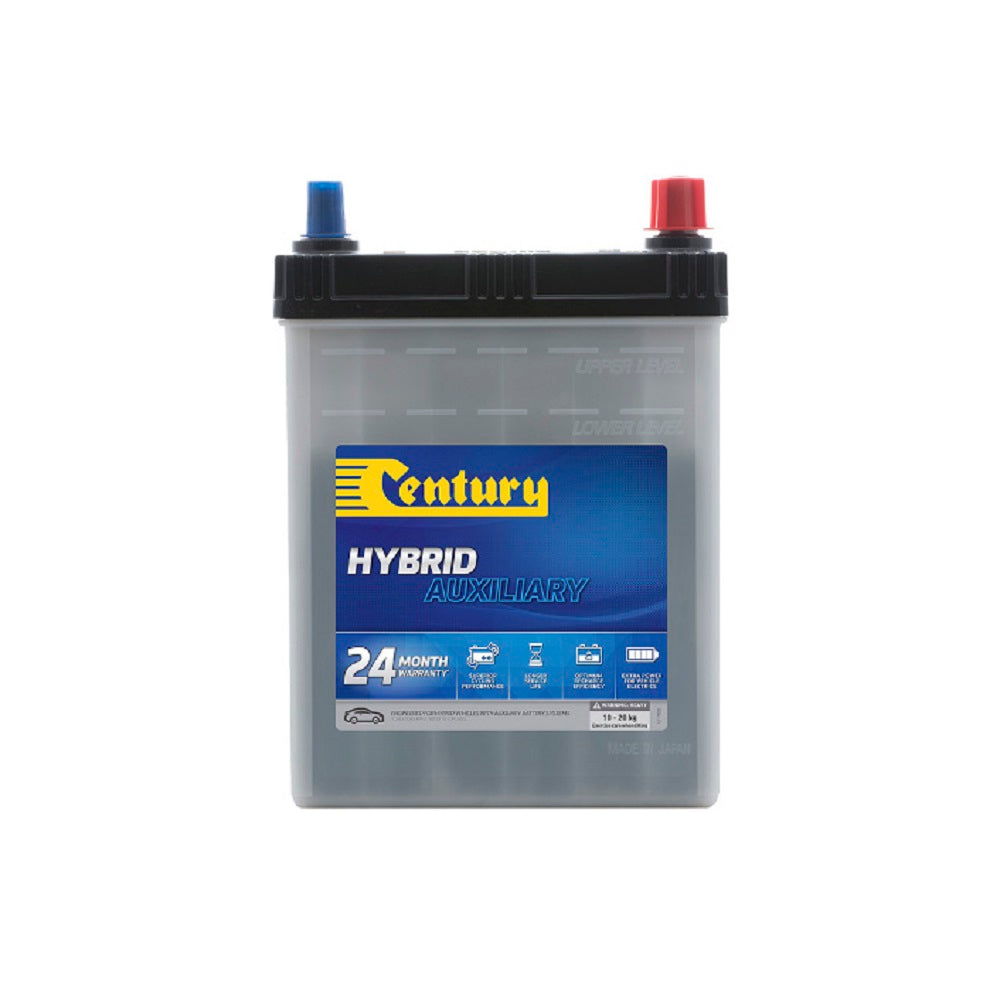 Century Battery Hybrid Auxiliary EFB 12V 280CCA-34B17L. Front view of grey battery with black top and yellow Century logo on blue label on front.