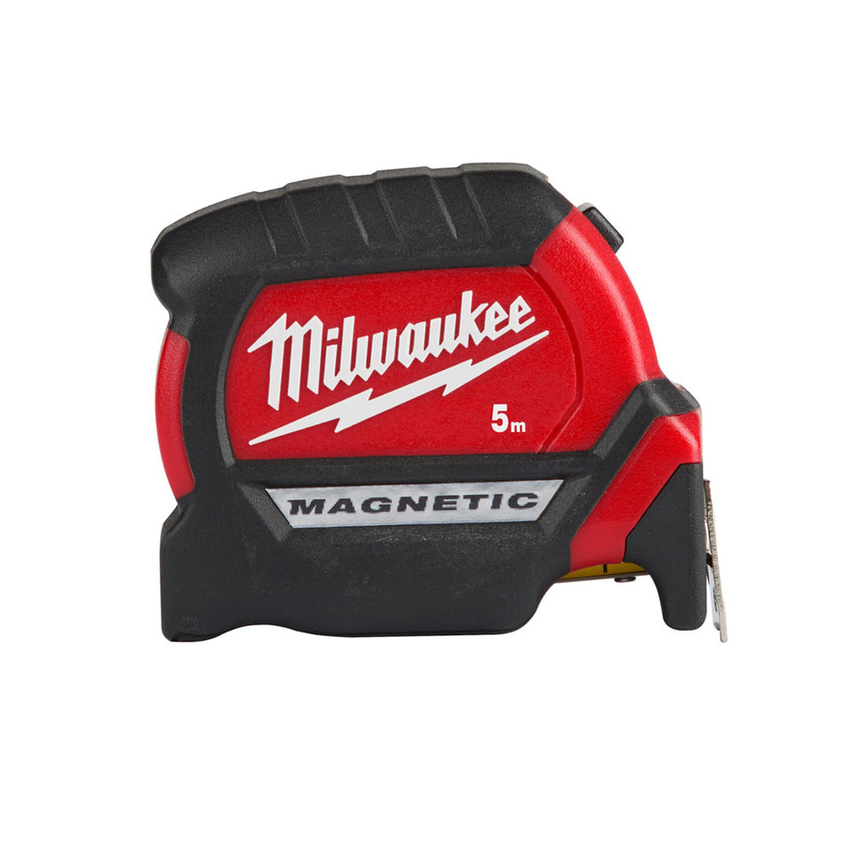 Milwaukee Compact Magnetic Tape Measure 5M 48220505.  Side view of tape measure without tape extended.