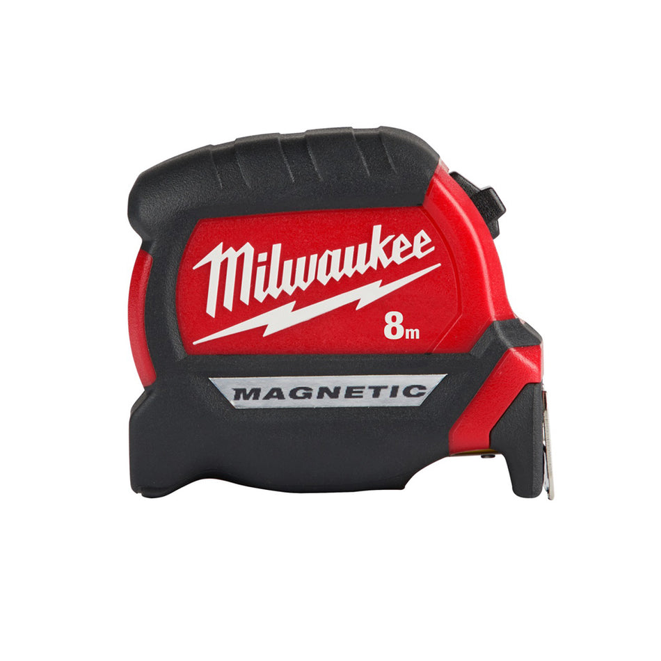 Milwaukee Compact Magnetic Tape Measure 8M 48220508. Side view with tape not extended.