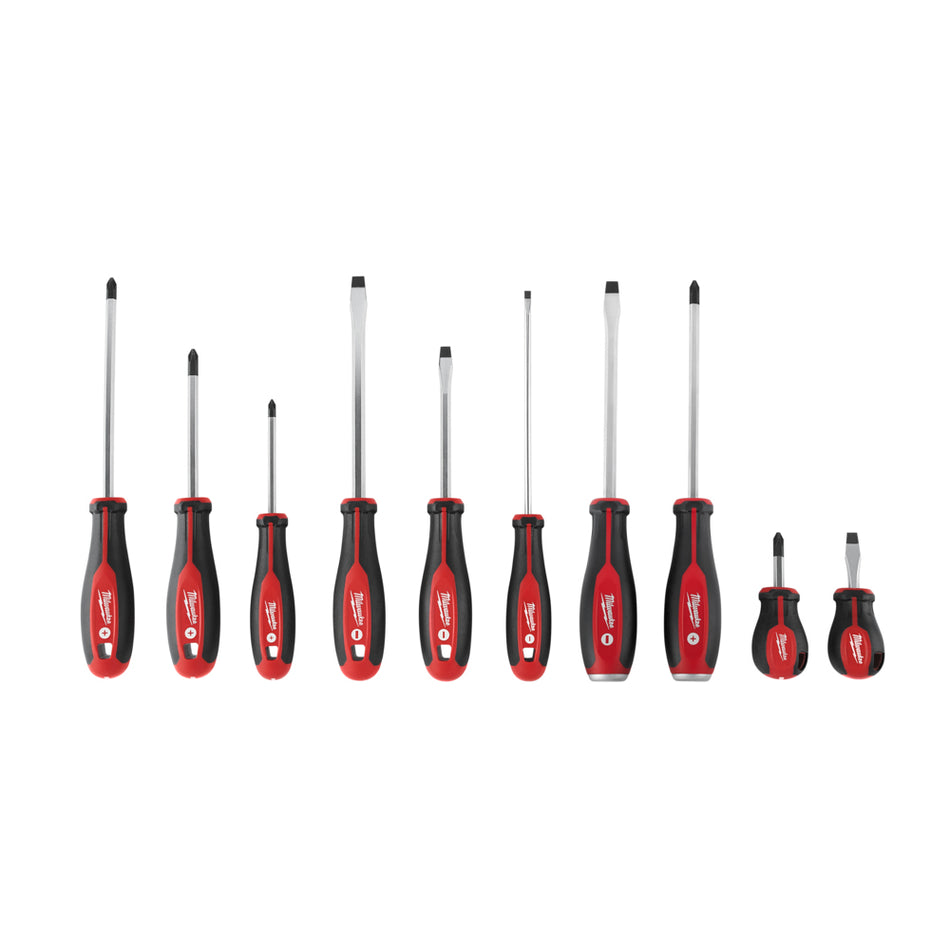 Milwaukee 10pc Screwdriver Kit 48222714.  Side view of 10 screwdrivers in kit.