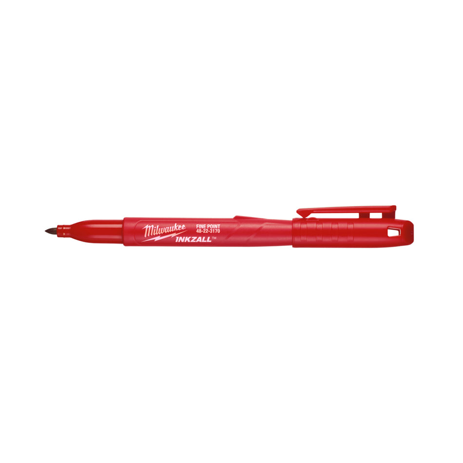 Milwaukee Inkzall Fine Point Marker Red 48223170.  Side view of marker with cap off.