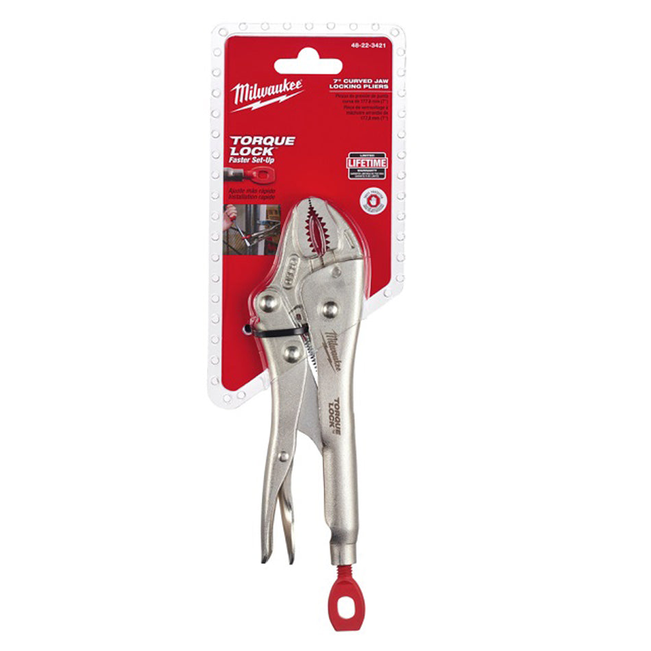 Milwaukee Torquelock Curved Jaw Locking Pliers 177mm/7in 48223421.  Side view of pliers in display pack.