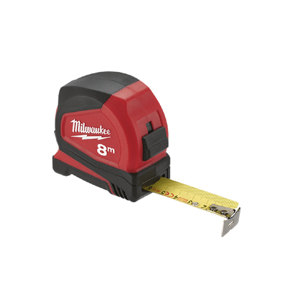 Milwaukee Compact Tape Measure 8M 48226708.  Angle view of tape measure with tape extended.