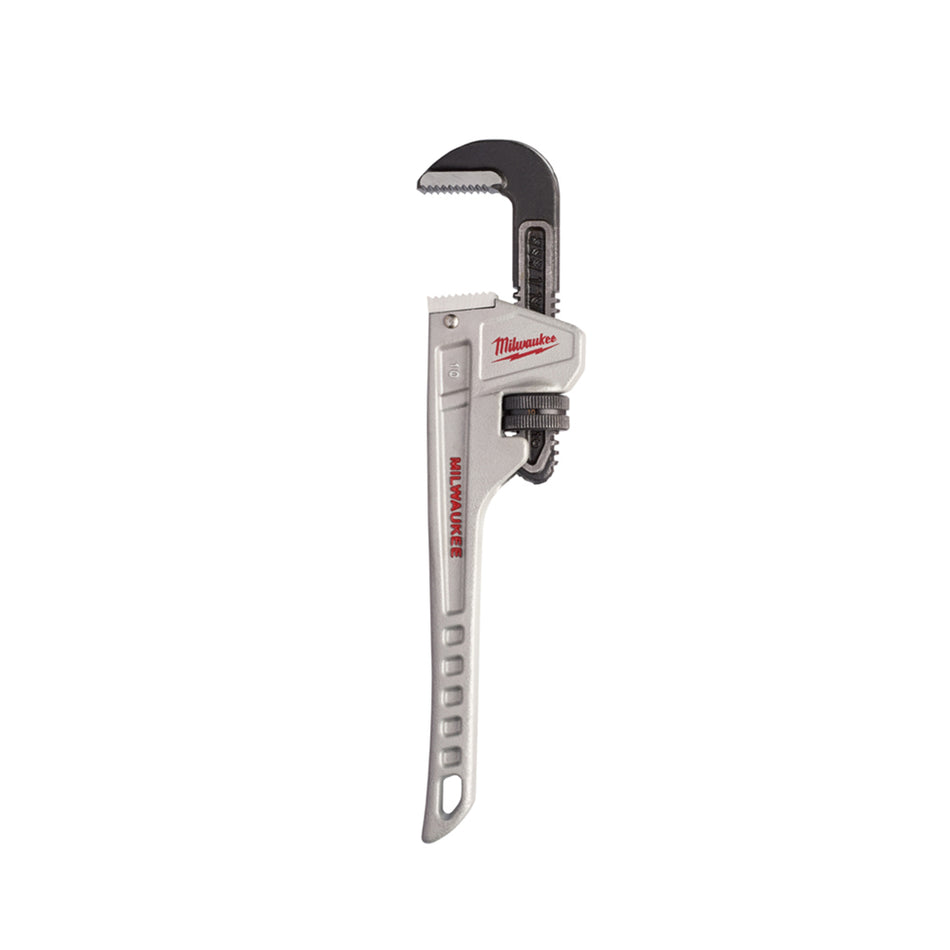 Milwaukee Aluminium Pipe Wrench 254mm/10in 48227210.  Side view of wrench with jaws opened.