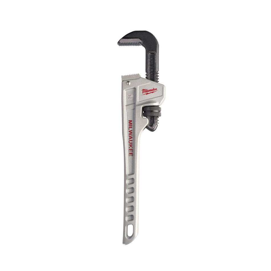 Milwaukee Aluminium Pipe Wrench 355mm/14in 48227214.  Side view of wrench with jaws opened.