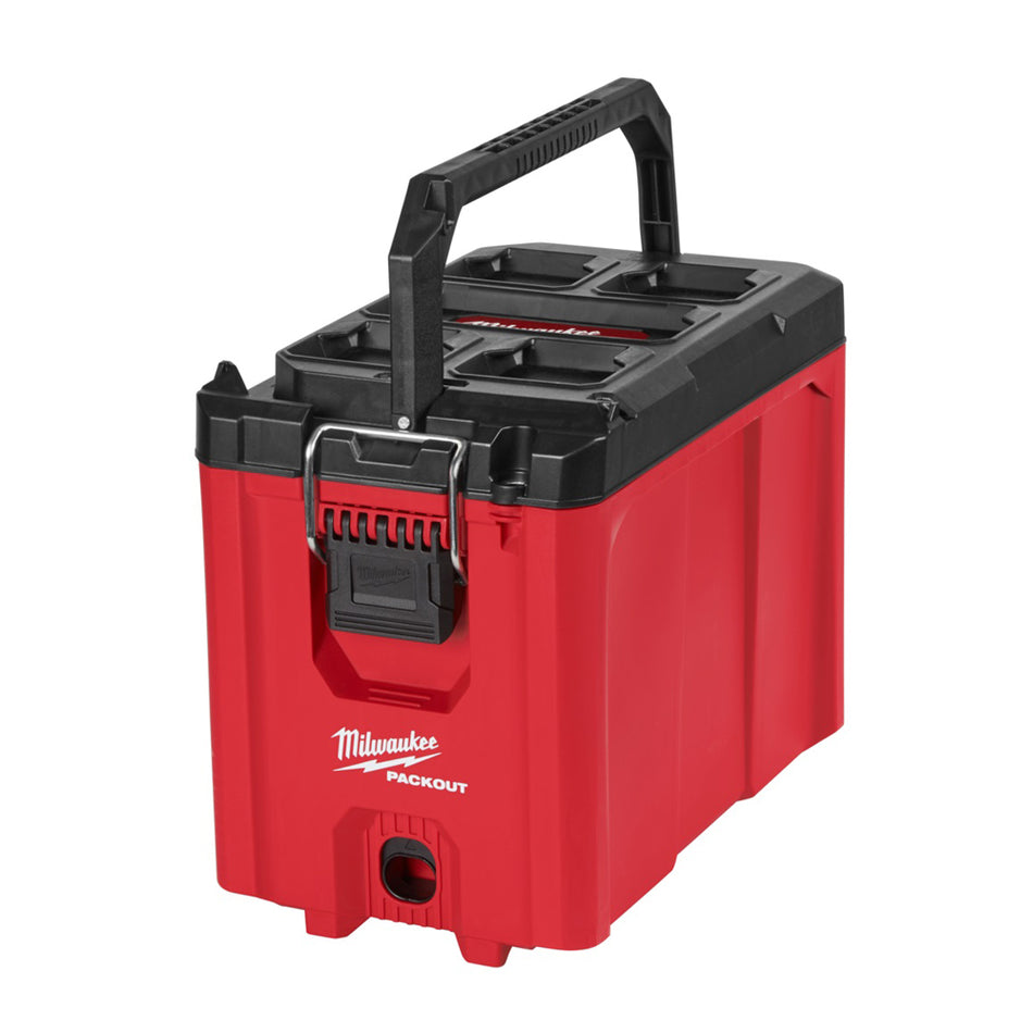 Milwaukee Packout Compact Toolbox 48228422. Angled view of toolbox with handle up.