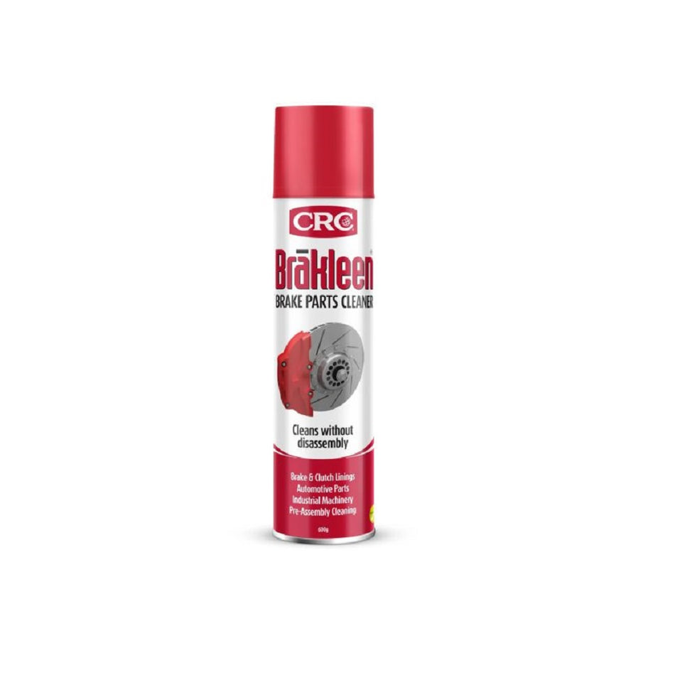 CRC Brakleen 600g-5089. Front view of white spray can with red base and a picture of a disc brake and the red CRC logo and a red cap.