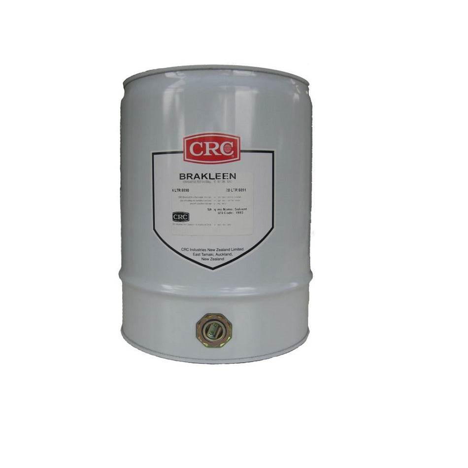 CRC Brakleen Fast Dry 20L-5092. Front view of white 20L container with a label with the red CRC logo and a metal entry point at the bottom.