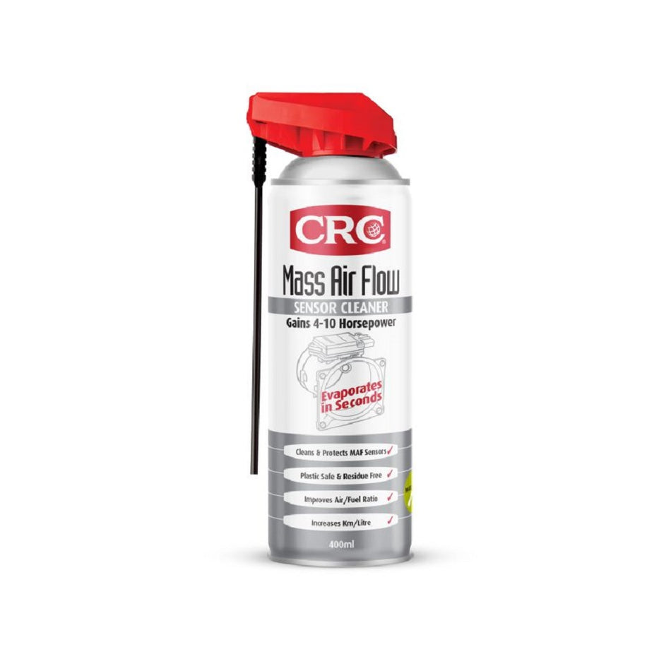 CRC Mass Airflow Sensor Cleaner 400ml-5093. Front view of white spray can with grey bottom and a picture of a motor and the red CRC logo and a red spray nozzle with a black permastraw hanging down.