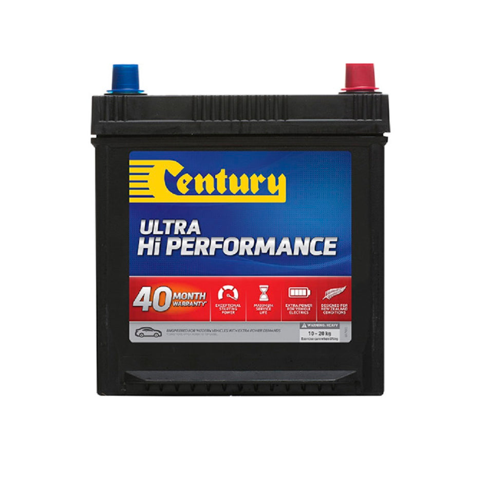 Century Battery Automotive Cal 12V 450CC-50D20LMF. Front view of black battery with yellow Century logo on blue and red label on front.