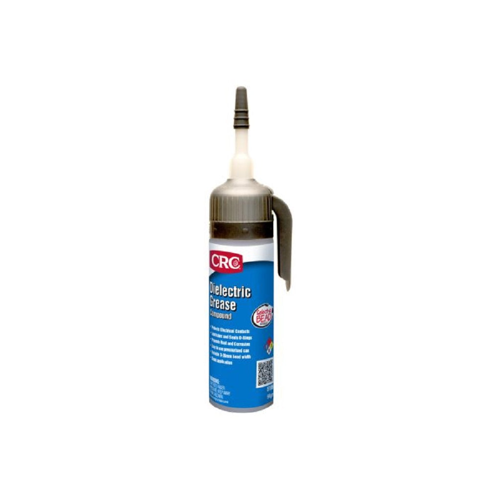 CRC Dielectric Grease Select A Bead 94g-5106. Front view of grease container with blue on the bottom and a red CRC logo a grey select a bead nozzle.