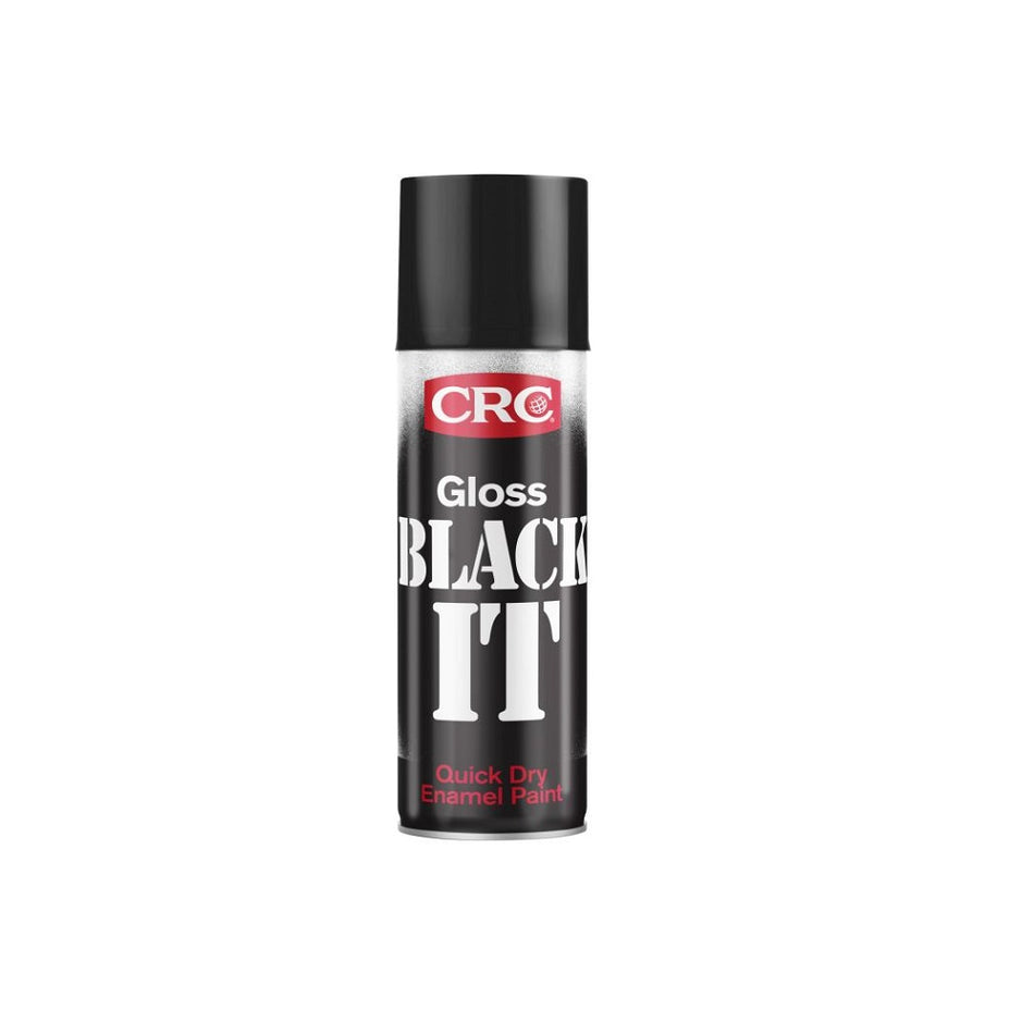 CRC Black It Gloss 400ml-5111. Front view of black spray can with white writing and the red CRC logo and a black cap.