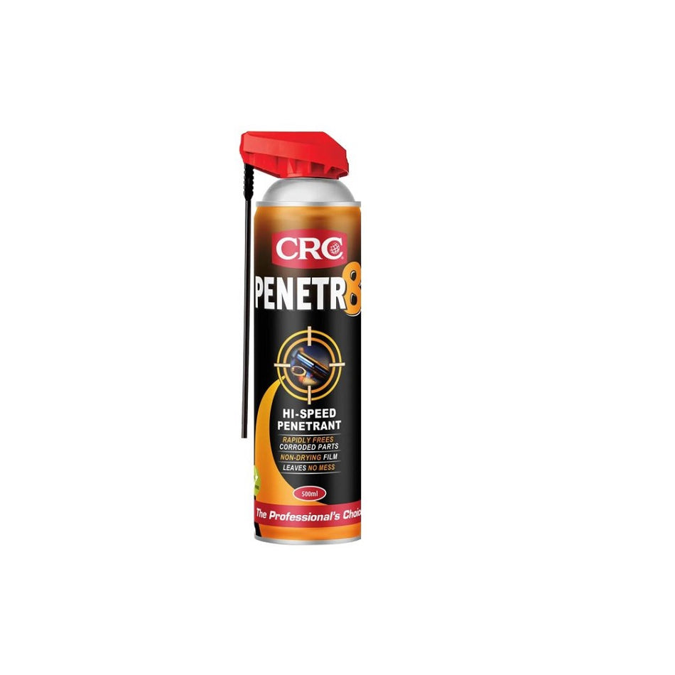 CRC Penetr8 Hi Speed Penetrant 500ml-5501. Front view of black and orange spray can with a picture of a screw and the red CRC logo and a red spray nozzle with a black permastraw hanging down.