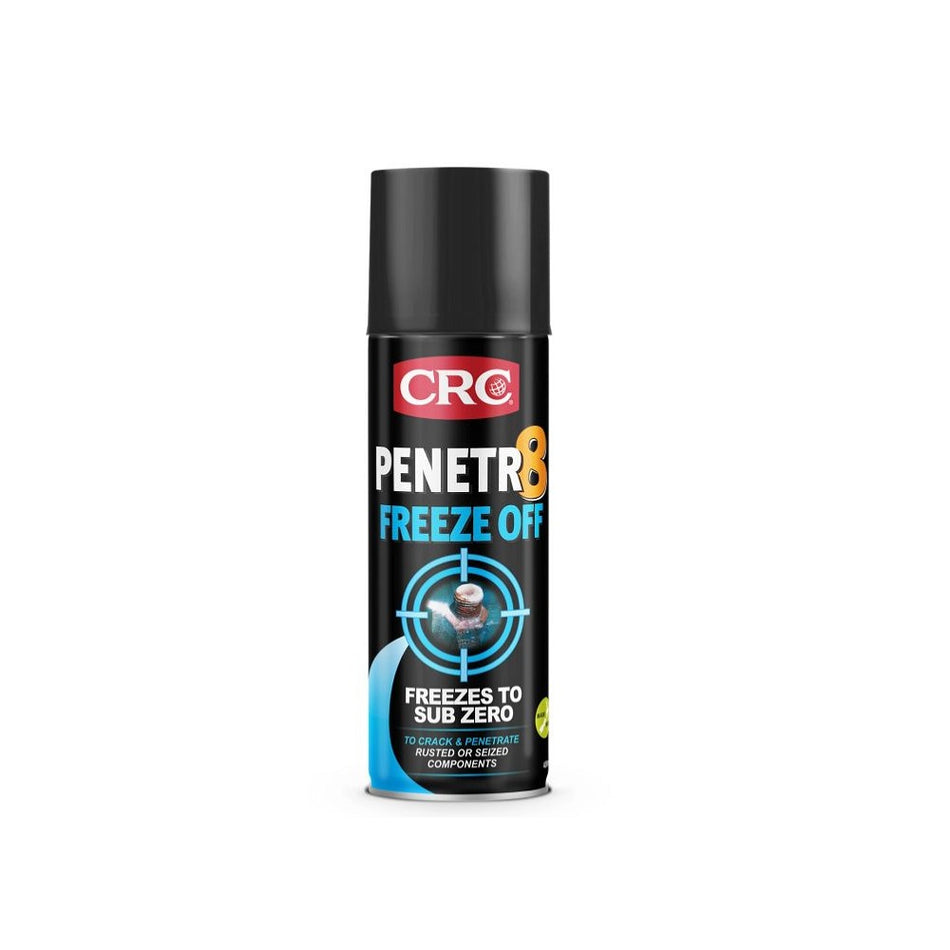CRC Penetr8 Freeze Off 400ml-5503. Front view of black spray can with blue writing and a frozen bolt end and the red CRC logo and a black cap.