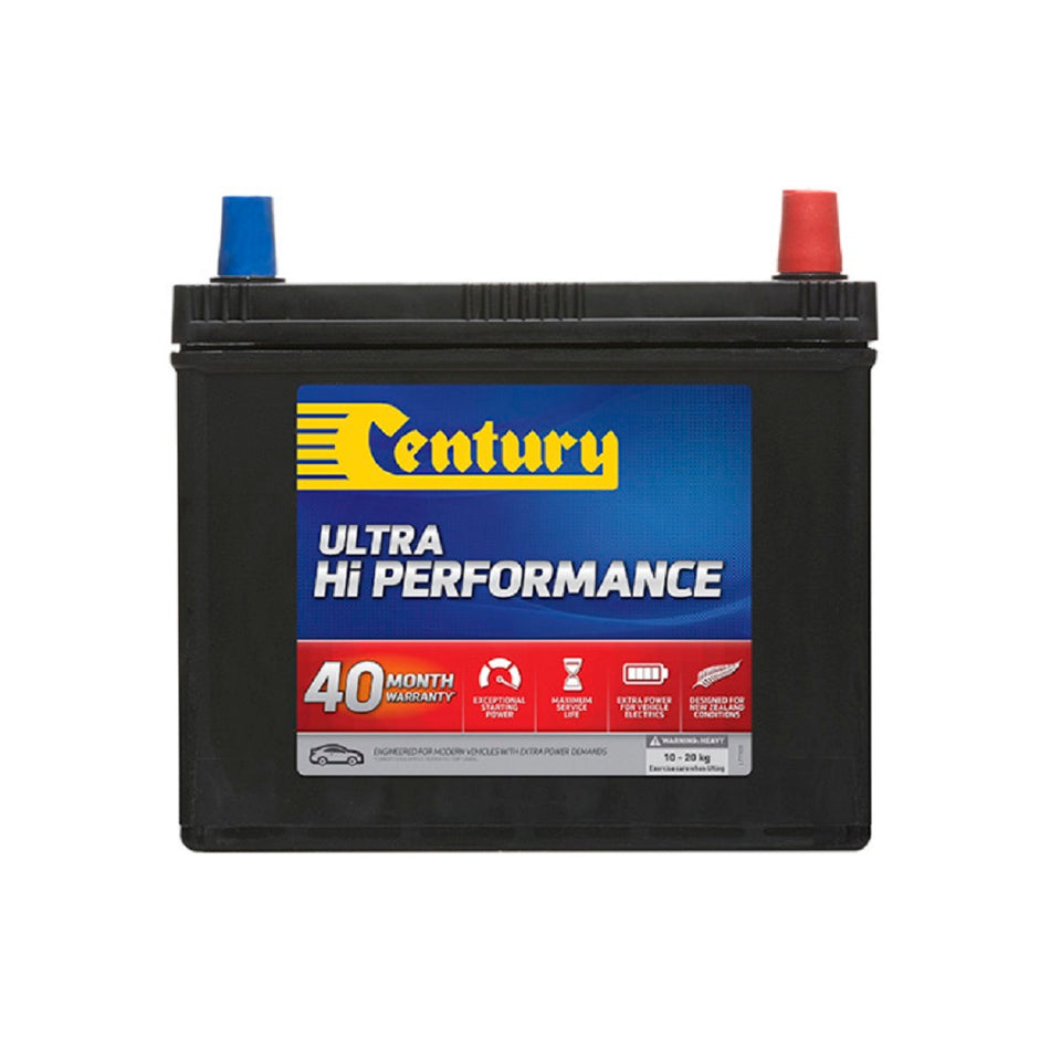Century Battery Automotive EFB 12V 530CCA-68EBMF. Front view of black battery with yellow Century logo on blue and red label on front.