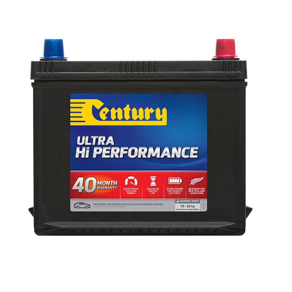 Century Battery Automotive CAL 12V 530CCA-68MF. Front view of black battery with yellow Century logo on blue and red label on front. 