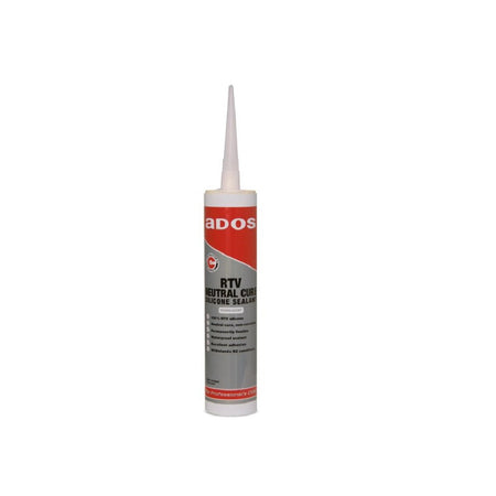ADOS RTV Neutral Cure Silicone 310ml-8360. Front view of cartridge of sealant with red/grey colouring and a white nozzle.