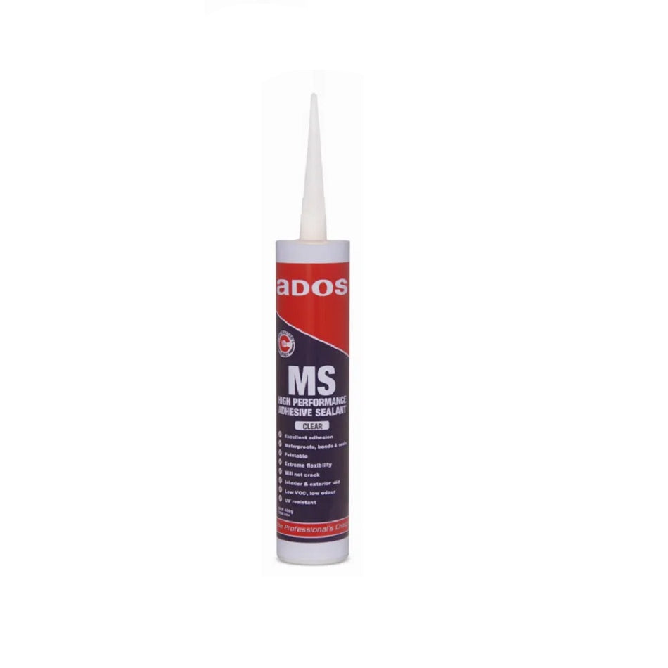 CRC MS High Performance Adhesive Sealant 400g-8362. Front view of cartridge of sealant with blue and red colours and white nozzle.