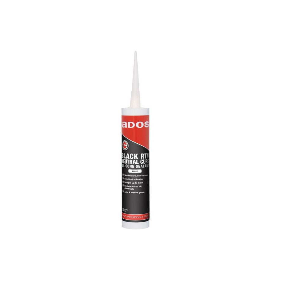 ADOS Black RTV Neutral Silicone Sealant-8367. Front view of cartridge of sealant with red and black colours and a white nozzle.