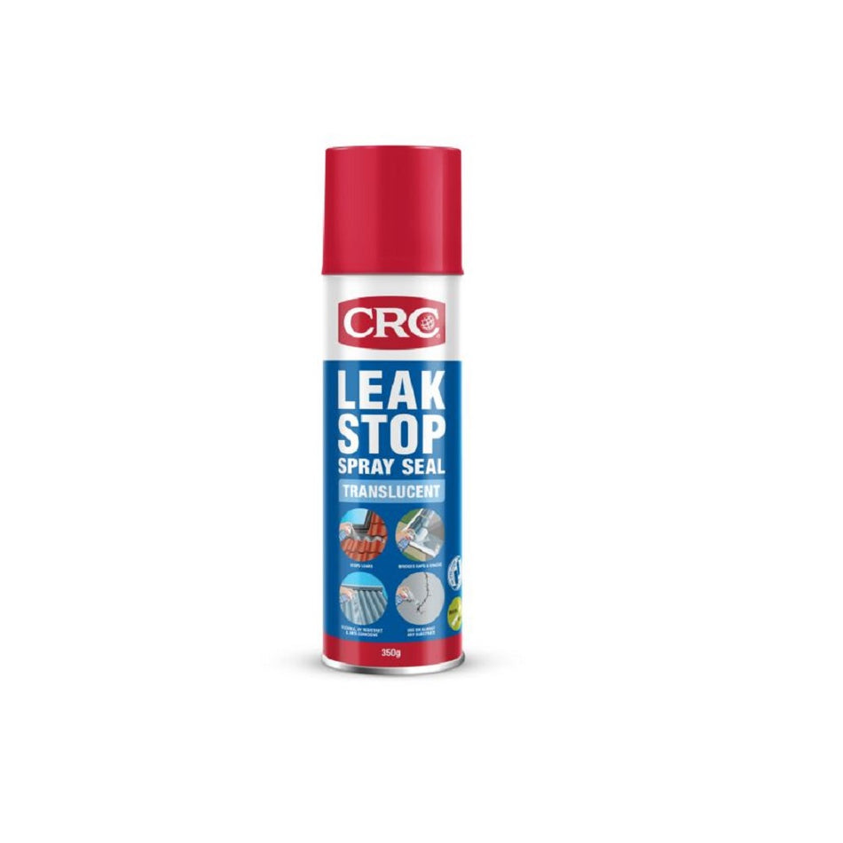 CRC Leak Stop Spray Seal 350g-8498. Front view of white spray can with three quarters blue and pictures of applications with a red CRC logo and a red cap.
