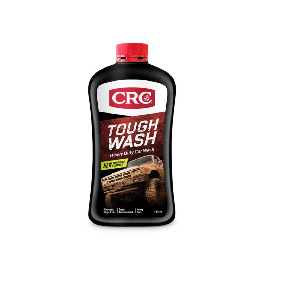 CRC Tough Wash 1L-9021. Front view of black plastic container with a picture of a dirty truck and the red CRC logo and a red cap.