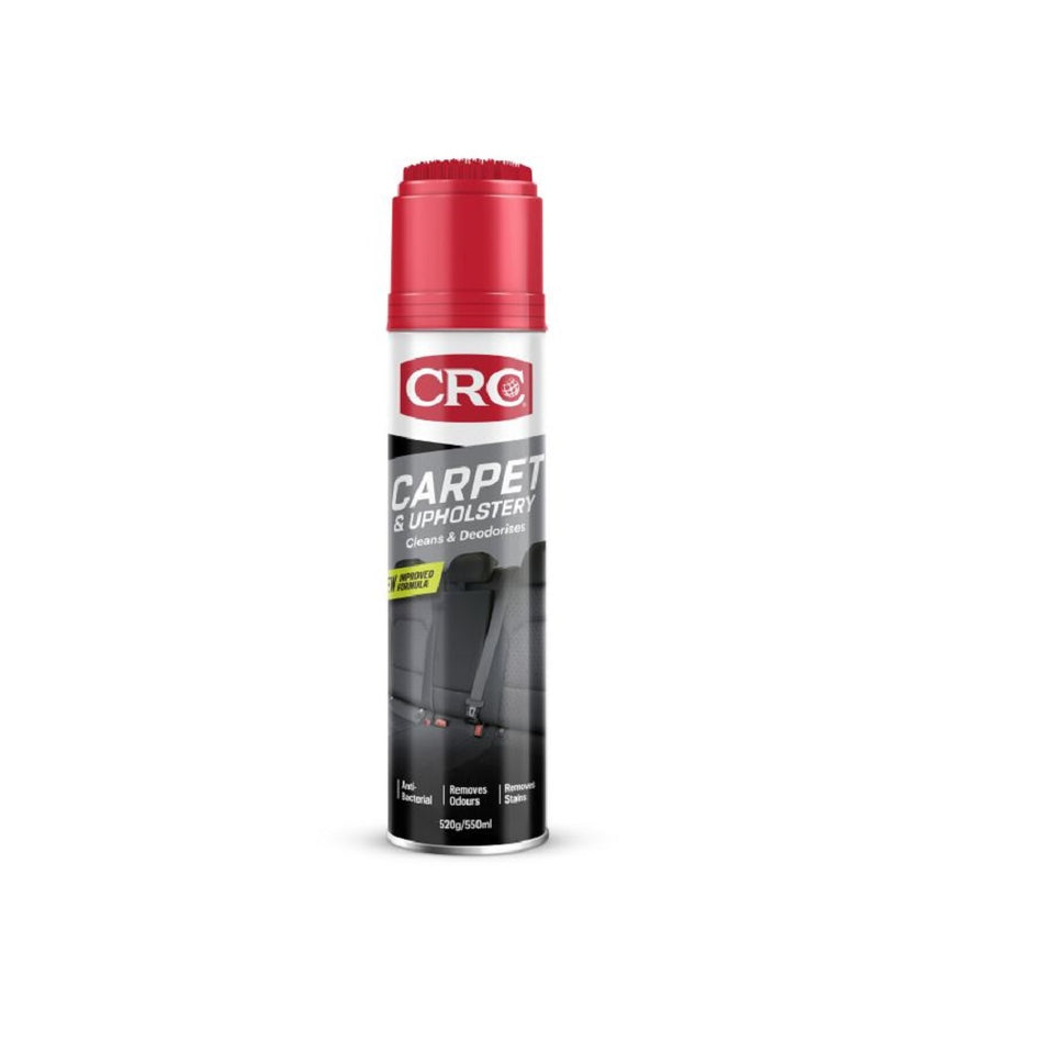 CRC Carpet & Upholstery Cleaner 550ml-9304. Front view of spray can with black seats picture, white writing and red CRC logo and red cap with brush on top.