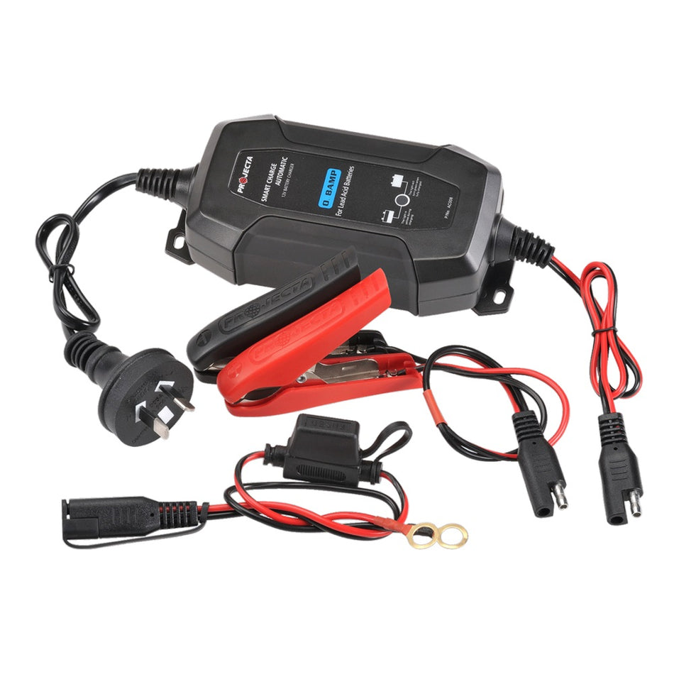 Projecta Battery Charger 0.8A 12V 4 -AC008. View of battery charger, power plug and connector cables.
