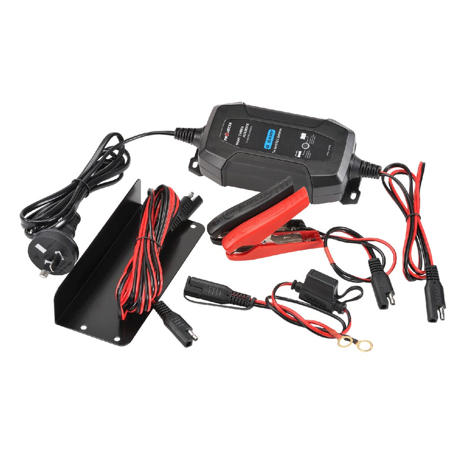 Projecta Battery Charger 1.5A 12V 4 Stage - AC015.  View of Battery Charger and connector cables.