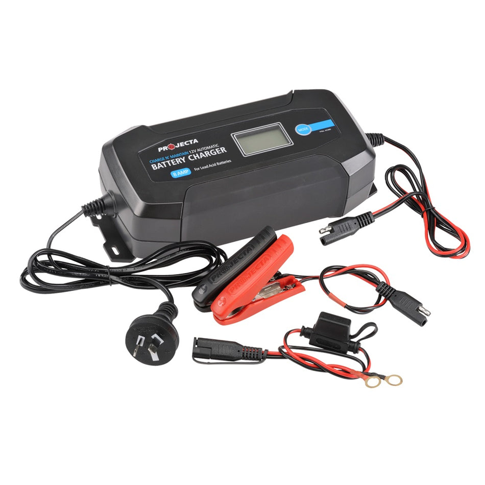 Projecta Battery Charger 8A 12V 8 Stage - AC080.  Angled view of battery charger and connector cables.