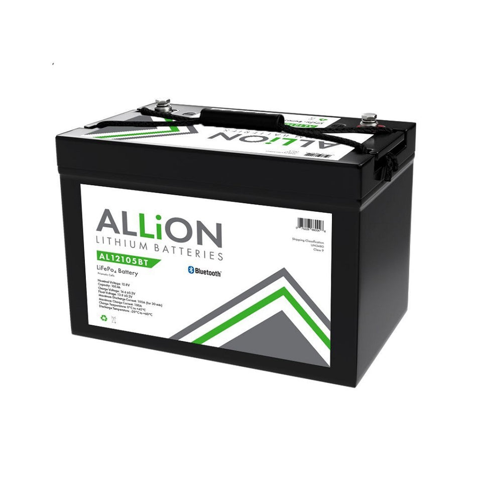 Allion Battery Deep Cycle Lithium 12V 105AH-AL1210BT. Front view of Black battery with white label on front with Allion logo on it.