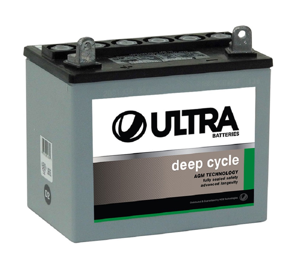Battery Deep Cycle 12V AGM 32AH-AU1HU. Front view of grey battery with black top and grey and white label on front.