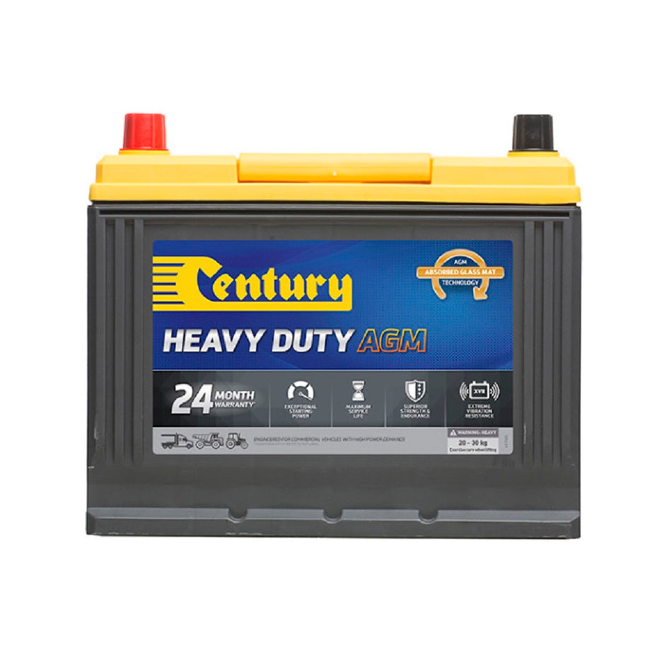 Century Battery Commerical AGM 12V 750CCA-AXD26R. Front view of black battery with yellow top and yellow Century logo on blue and black label on front.