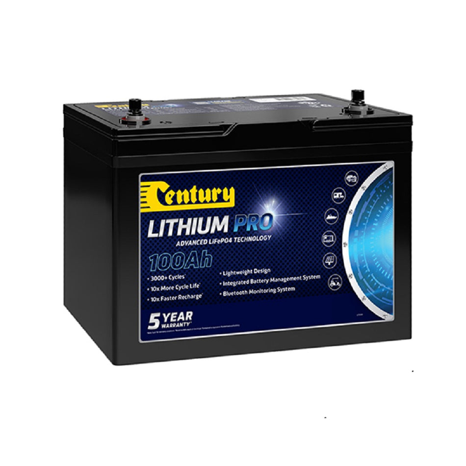Battery Deep Cycle Lithium 12V 100ah-C12-100XLI. Front view of rectangular black battery with yellow century logo on a blue label. 