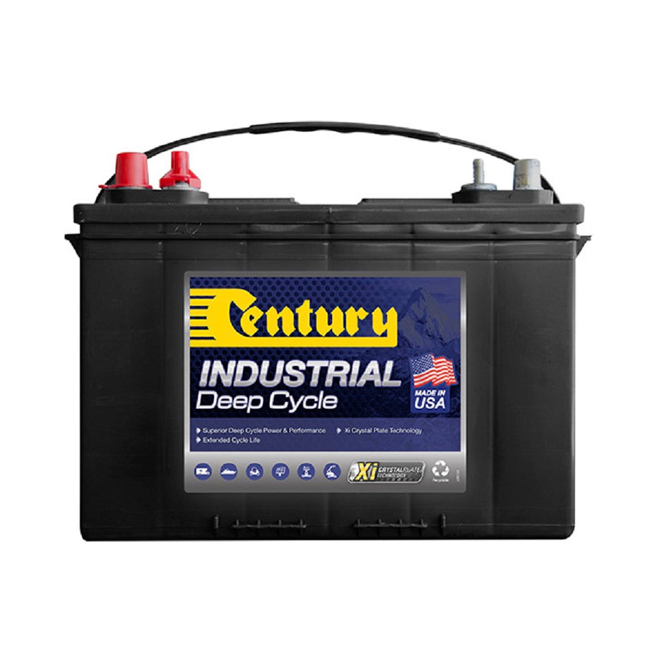 Century Battery Deep cycle FLA 12V 85Ah-C24DC-US. Front view of black battery with yellow Century logo on blue and grey label on front.