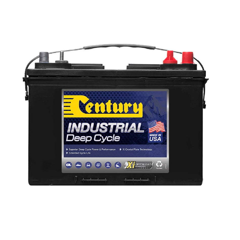 Century Battery Deep Cycle FLA 12V 105ah-C27DC-US. Front view of black battery with yellow Century logo on blue and grey label on front.