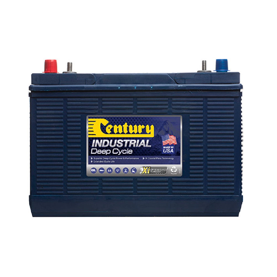 Century Battery Deep Cycle FLA 12V 130ah-C31DC-US. Front view of blue battery with yellow Century logo on blue and grey label on front.