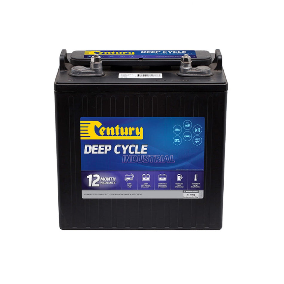 Century Battery Deep Cycle 8V 170AH-C8VGC. Front view of black battery with yellow century logo on blue and grey label on front.