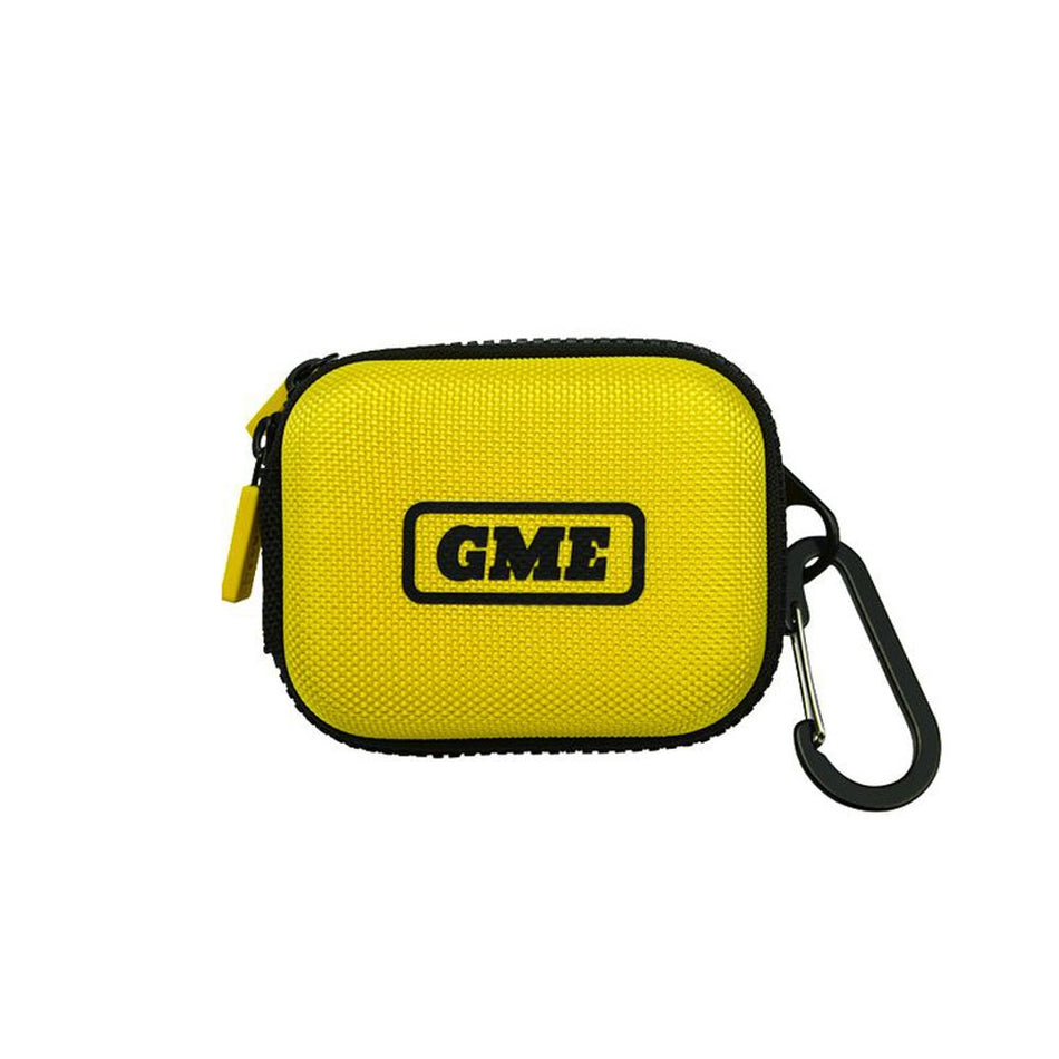 GME Personal Locator Beacon Case-CC610.  Front view of yellow carry case with carabiner attached.