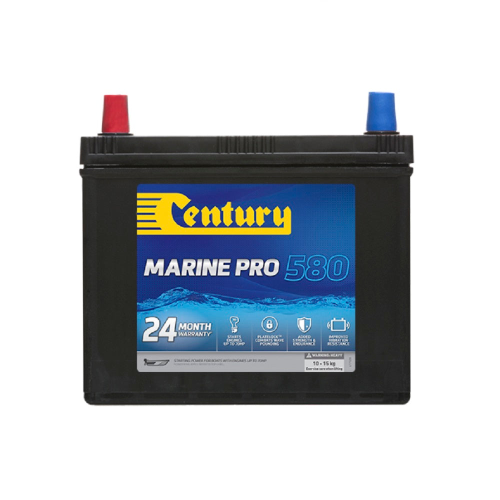 Century Battery Marine CAL 12V 530CCA-D23RMMF. Front view of black battery with yellow Century logo on blue label on front.
