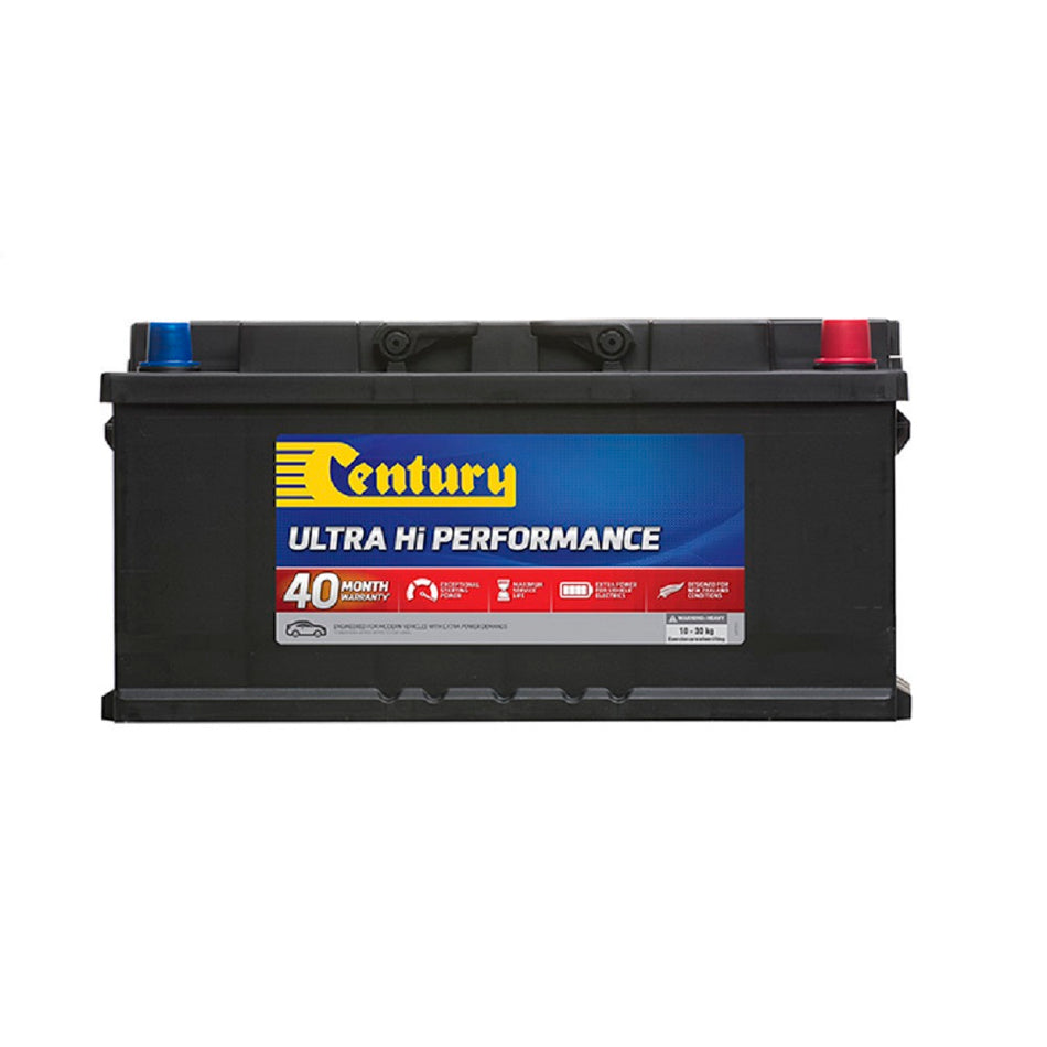 Century Battery Automotive Cal 12V 920CCA-DIN110LHXMF. Front view of black battery with yellow Century logo on blue and red label on front.