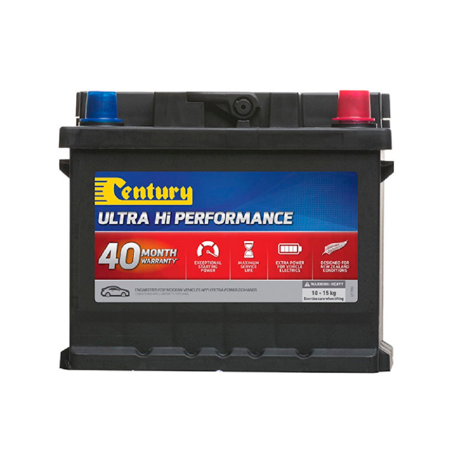 Century Battery Automotive CAL 12V 420CCA-DIN44LXMF. Front view of black battery with yellow Century logo on red and blue label on front.
