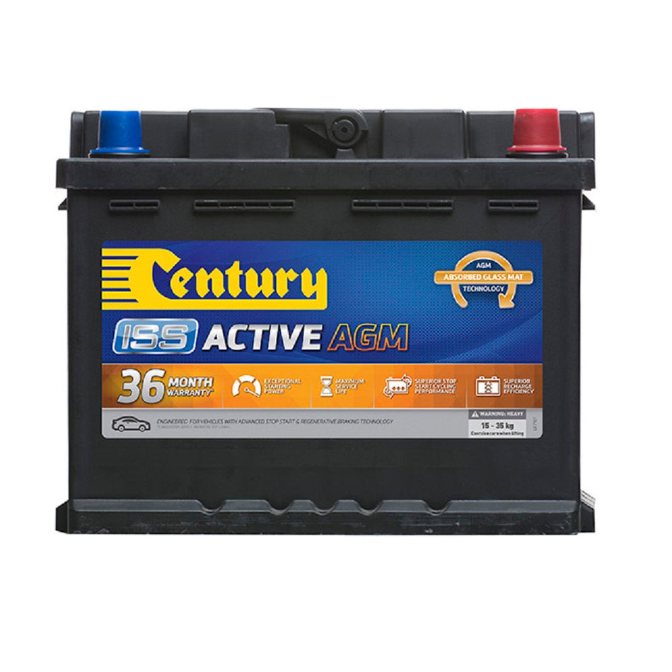 Century Battery Automotive AGM 12V 640CCA (ISS)-DIN53LHAGM. Front view of black battery with yellow Century logo on blue and orange label.