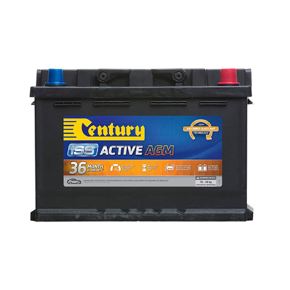 Century Battery Automotive AGM< 12V 760CCA (ISS)-DIN65LHAGM. Front view of black battery with yellow Century logo on blue and orange label