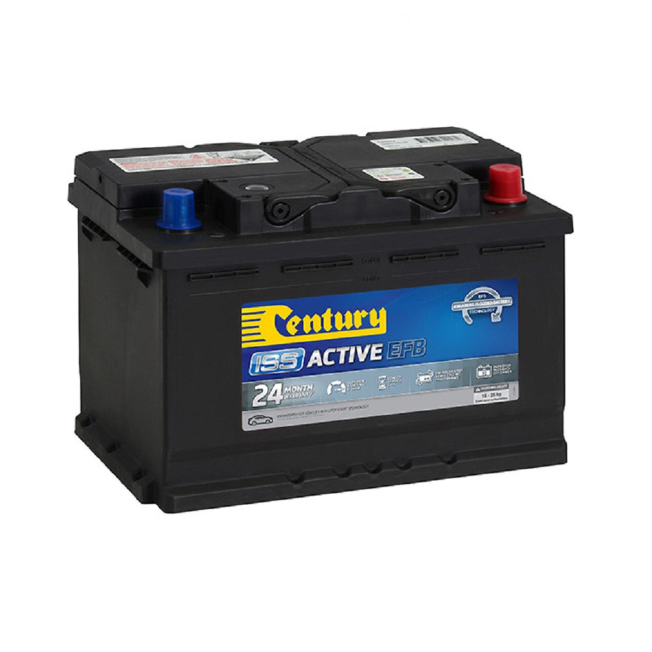 Century Battery Automotive EFB 12V 650CCA (ISS)-DIN65LMF EFB. Front view of black battery with yellow Century logo on blue and grey label.