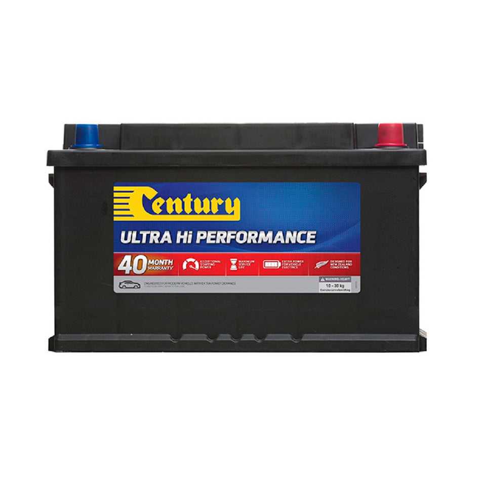 Century Battery Automotive Cal 12V 830CCA-DIN75LHXMF. Front view of black battery with yellow Century logo on blue and red label on front.